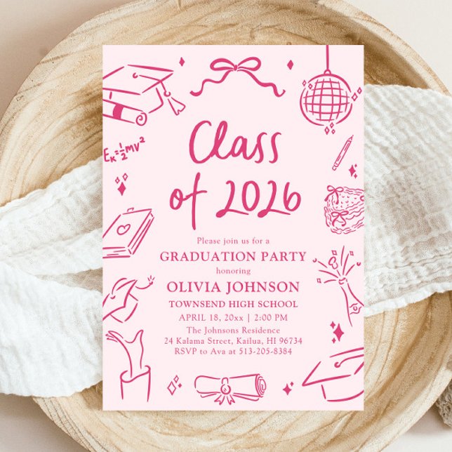 Convite Festa de Formatura da Turma de 2026 Desenhada à Mã (Modern Hand Drawn Class of 2026 Graduation Party Invitation)