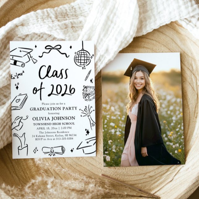 Convite Festa de Formatura da Turma de 2026 Desenhada à Mã (Modern Hand Drawn Class of 2026 Graduation Party Invitation)