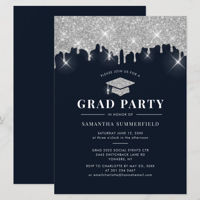 Convite Festa de Formatura de 2022 Brilho Prata Marinho (Frente/Verso)