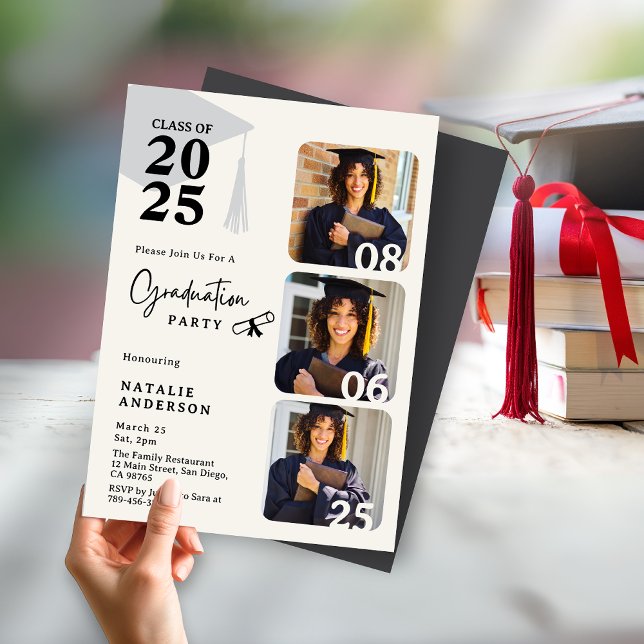 Convite Festa de formatura de 3 fotos preto e branco moder (Classy Burgundy Gold Graduate Hat Graduation Party Invitation )