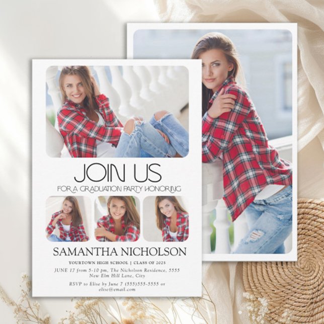 Convite Festa de formatura de 5 Fotografias Moderna Sleek (Modern 5-photo graduation party invitation)