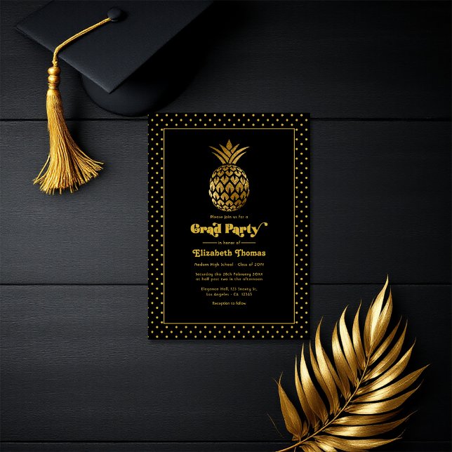 Convite Festa de formatura de abacaxi preto e Dourado Eleg (Elegant Black and Gold Pineapple Graduation Party Invitation)