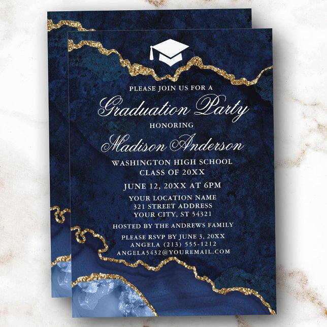 Convite Festa de formatura de Aglomerado Dourado de Azul c (Customize to change text size, style or to add more text or photos to back of card.)