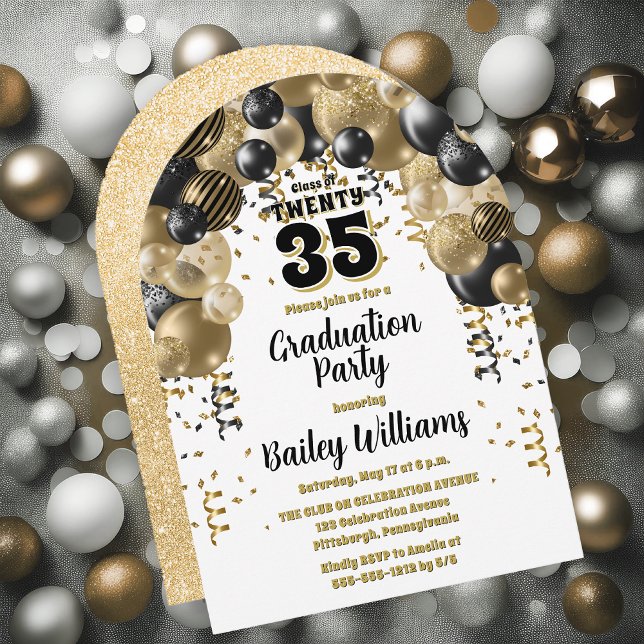 Convite Festa de formatura de Balões Dourados Pretos (Black | Gold Balloons Class Year Graduation Party Invitations - Print and/or Download Available)