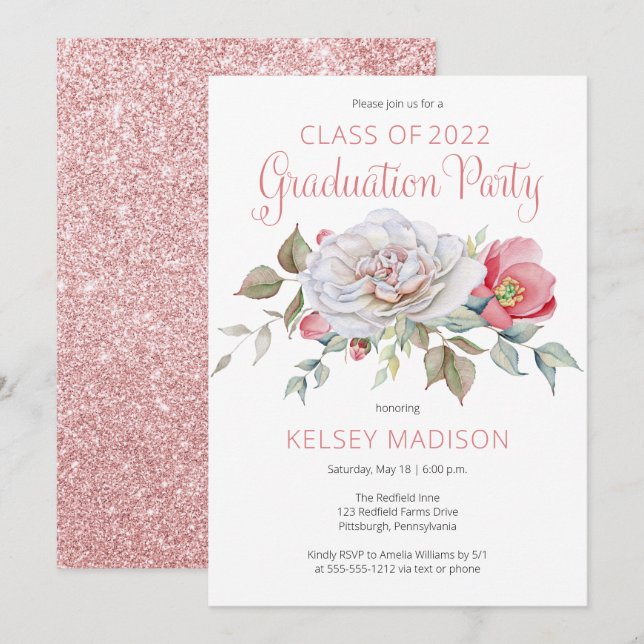 Convite Festa de formatura de Blogues Florais Rosa Rosa Ro (Frente/Verso)