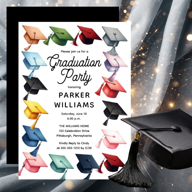Convite Festa de formatura de Bonés de Formando com várias (Multi-Colored Grad Caps Graduation Party Invitation)