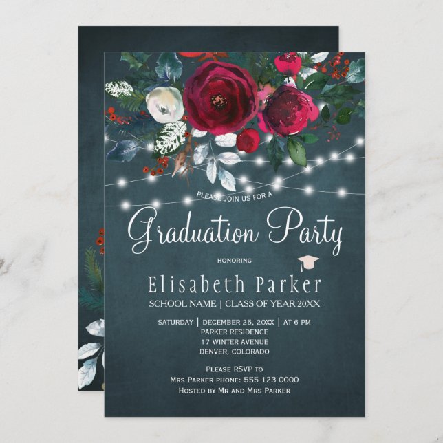 Convite Festa de formatura de burgundy floral elegante (Frente/Verso)