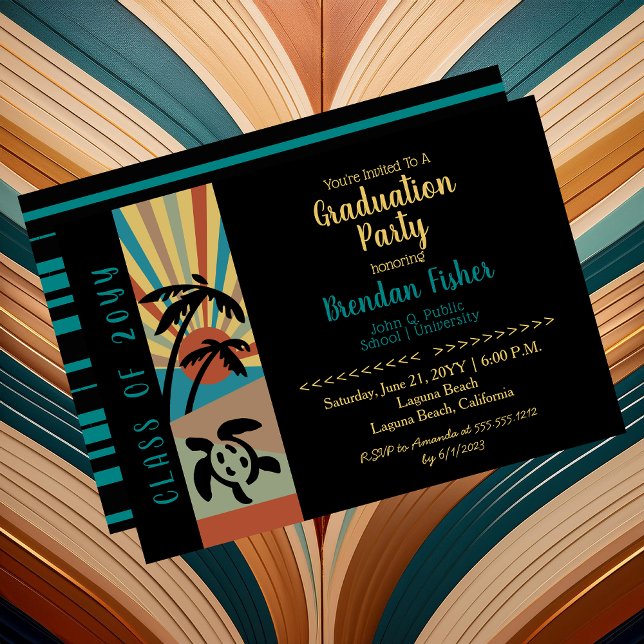 Convite Festa de formatura de Cena Sunset de Retro Beach (Retro Beach Sunset Scene Graduation Party Invitation -- Print | Download)