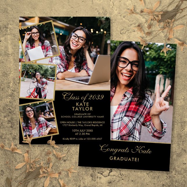 Convite Festa de formatura De Colagem De Fotos Dourada E P (Gold And Black 5 Photo Collage Graduation Party Invitation)
