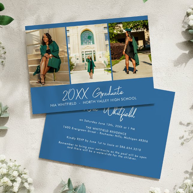Convite Festa de formatura de Colagem de Fotos Mínima Azul (Criador carregado)