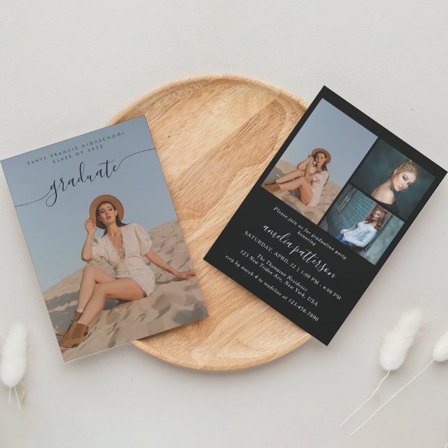 Convite Festa de formatura de Colagem de Fotos Preta Cláss (Criador carregado)