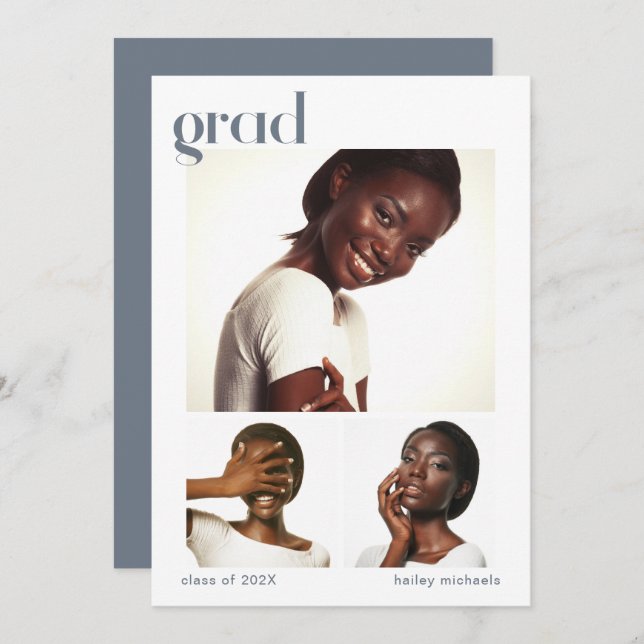 Convite Festa de formatura de Colagem de Três Fotos Azul (Frente/Verso)