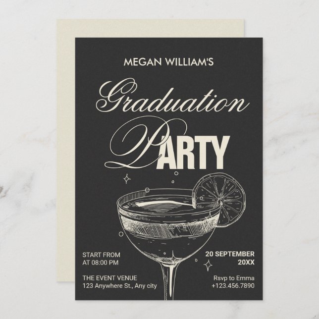 Convite Festa de formatura de coquetel preto (Frente/Verso)