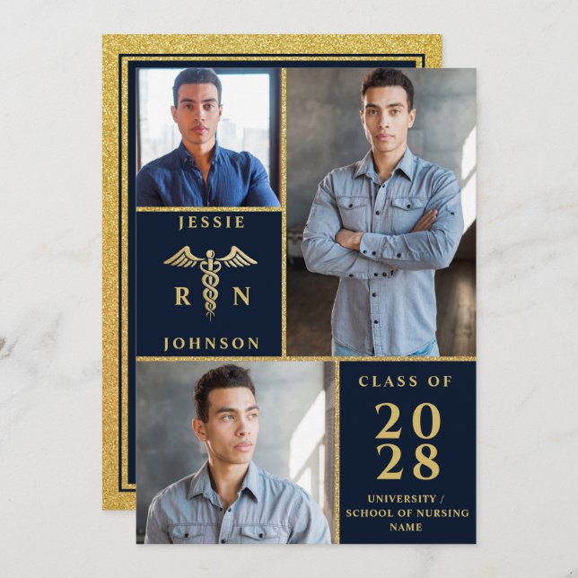 Convite Festa de formatura de Enfermagem com FOTO do Ouro  (Frente/Verso)