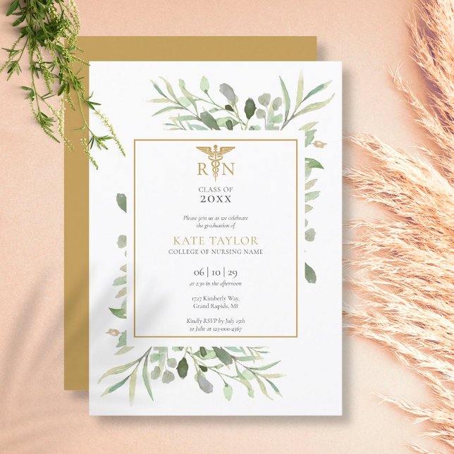 Convite Festa de formatura de Enfermagem Dourada RRN verde (Greenery Gold RN Nursing Graduation Party Invitation)