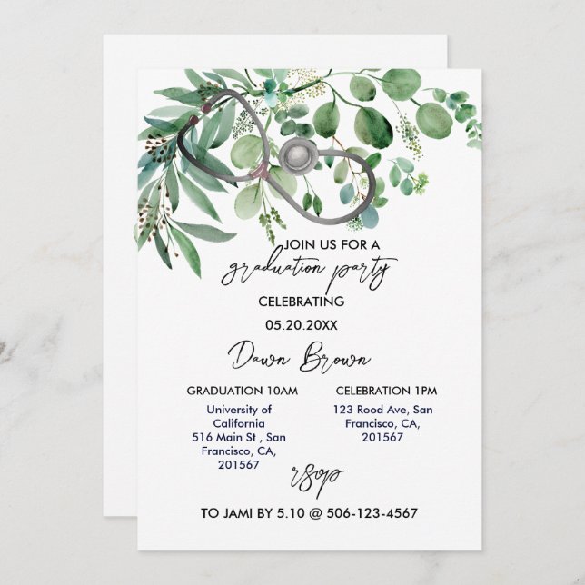 Convite Festa de formatura de Enfermeiro Eucalyptus Greene (Frente/Verso)