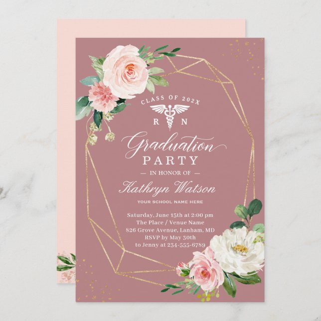 Convite Festa de formatura de Enfermeiro Floral Dusty Rosa (Frente/Verso)