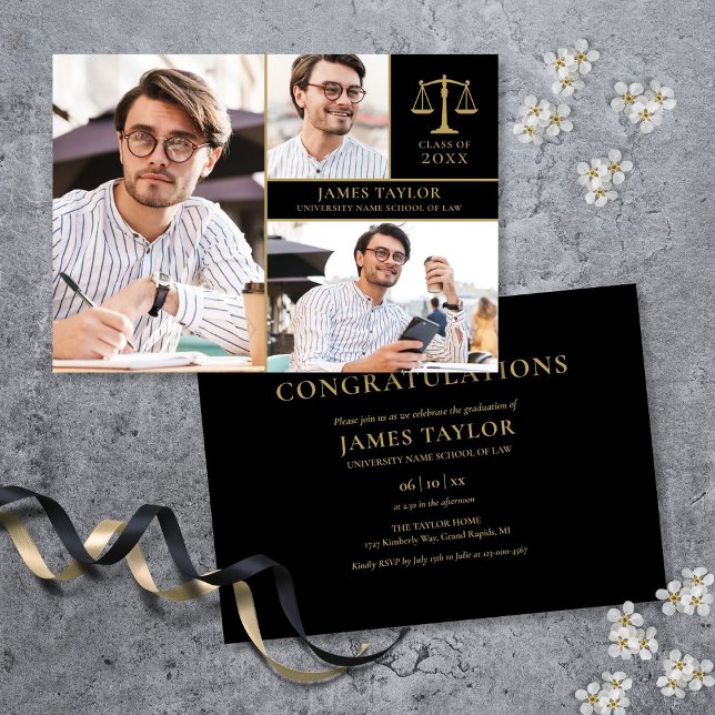 Convite Festa de formatura de Faculdade de Direito Fotográ (Black And Gold 3 Photo Law School Graduation Party Invitation)