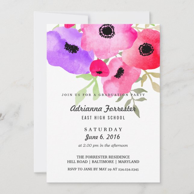 Convite Festa de formatura de Flores Modernas de Aquarela (Frente)