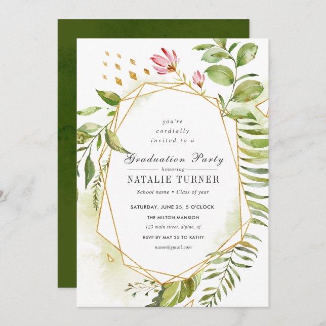 Convite Festa de formatura de Folhagem Verde Floral (Frente/Verso)