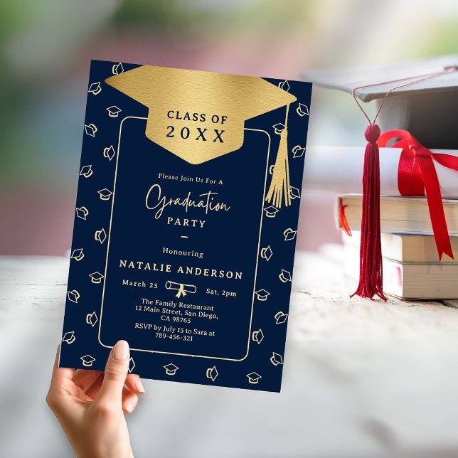 Convite Festa de formatura de Formando Dourado azul Marinh (Royal Navy Blue Gold Graduate Hat Graduation Party Invitation)