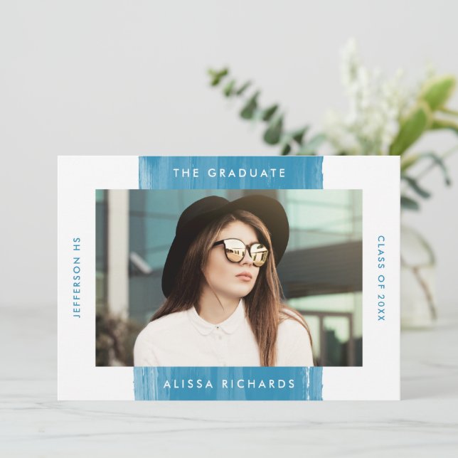 Convite Festa de formatura de Foto Azul 2 pintada Moderna (Em pé/Frente)