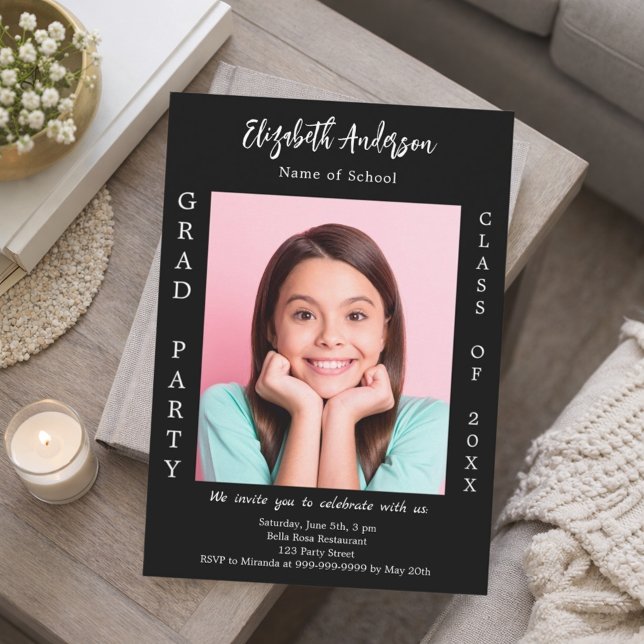 Convite Festa de formatura de foto branca preta de 2025 (Criador carregado)