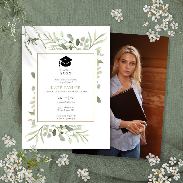 Convite Festa de formatura de Foto Elegante Simples (Simple Elegant Greenery Photo Graduation Party Invitation)