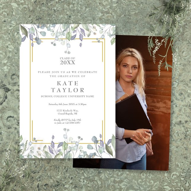 Convite Festa de formatura de Foto Floral Elegante Greener (Elegant Greenery Floral Photo Graduation Party Invitation)