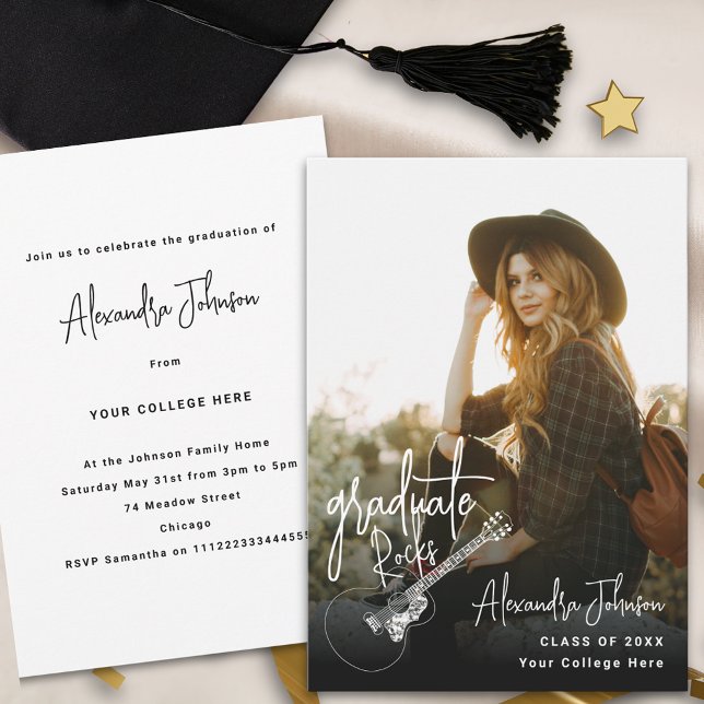 Convite Festa de formatura de Foto Moderna (Modern trendy vertical photo Graduation announcement party invitation with cool country guitar )