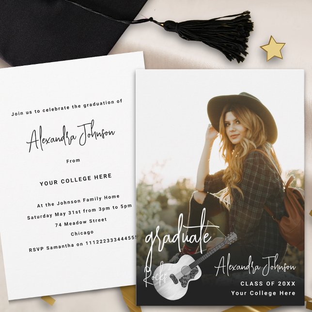 Convite Festa de formatura de Foto Moderna (Modern trendy vertical photo Graduation announcement party invitation rustic country music guitar)