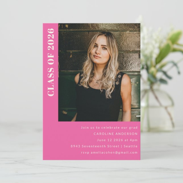 Convite Festa de formatura de Foto Rosa Quente Moderna Cla (Em pé/Frente)