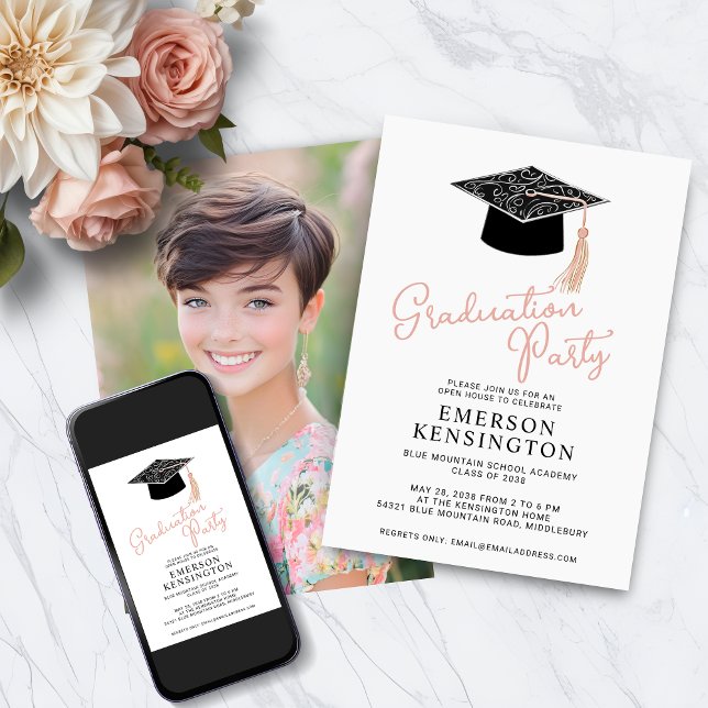 Convite Festa de formatura de Fotografia Desenhada na Mão  (Cute Modern Hand Drawn Photo Graduation Party Invitation with Instant Download)