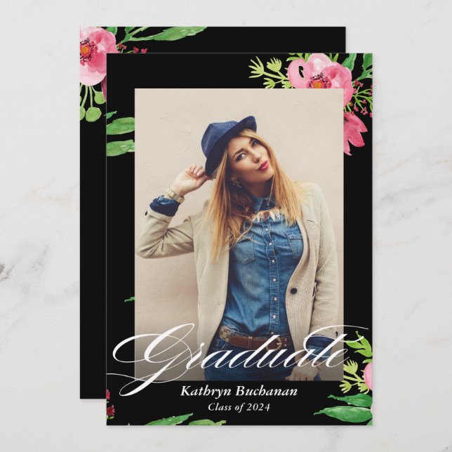 Convite Festa de formatura de Fotografia Floral Rosa Preto (Frente/Verso)