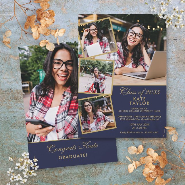 Convite Festa de formatura De Fotografias Azul E Dourada 5 (Navy Blue And Gold 5 Photo Graduation Party Invitation)