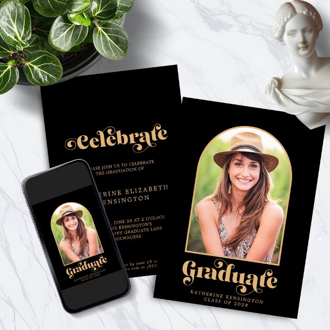 Convite Festa de formatura de Fotografias de Arch Dourado  (Modern Black Gold Arch Photo Graduation Party Invitation Announcement with Instant Download option)