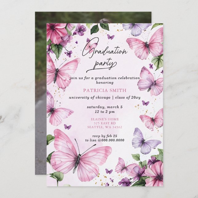 Convite Festa de formatura de Fotografias de Borboletas Pú (Frente/Verso)