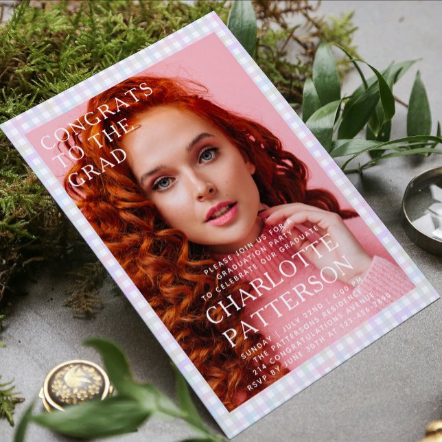 Convite Festa de formatura de Fotografias de Gingham Multi (Criador carregado)