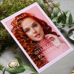 Convite Festa de formatura de Fotografias de Gingham Rosa 