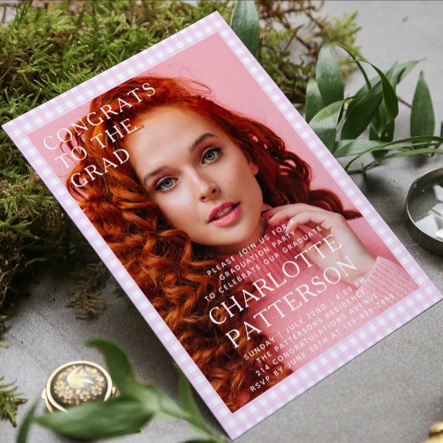 Convite Festa de formatura de Fotografias de Gingham Rosa  (Criador carregado)