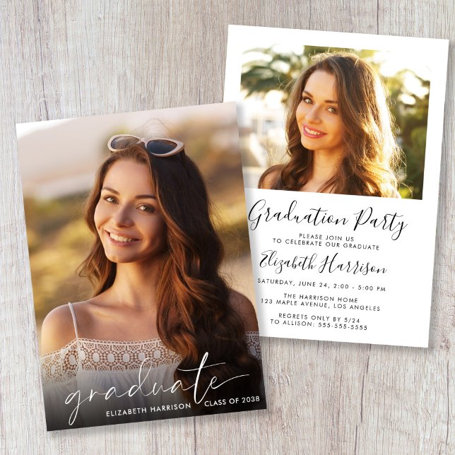 Convite Festa de formatura de Fotografias de Script Branco (Elegant White Script Photo Graduation Party Invitation)