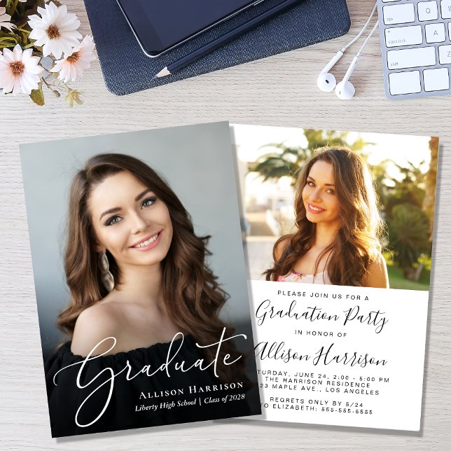 Convite Festa de formatura de Fotografias de Script Elegan (A personalized photo graduation party invitation to celebrate the graduate's achievements)