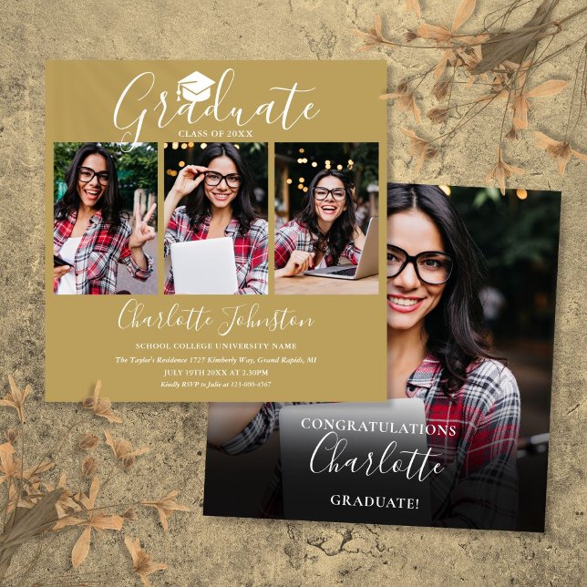 Convite Festa de formatura de Fotografias do Elegante Chic (Elegant Chic Gold Script 4 Photo Graduation Party Invitation)
