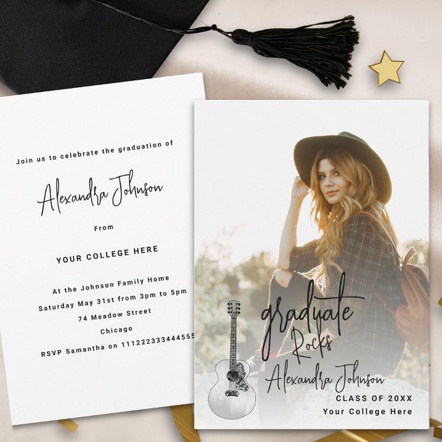 Convite Festa de formatura de Fotografias do Formando Mode (Modern graduate photo trendy script Graduation party invitation country music guitar illustration)