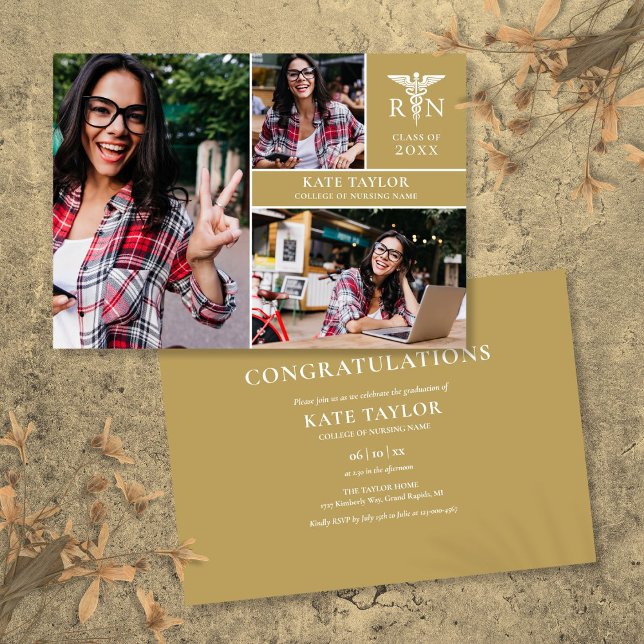 Convite Festa de formatura de Fotografias Dourada RN Enfer (Gold RN Nursing 3 Photo Graduation Party Invitation)