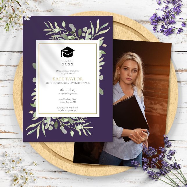 Convite Festa de formatura de Fotografias Elegante Roxo (Purple Elegant Greenery Photo Graduation Party Invitation)