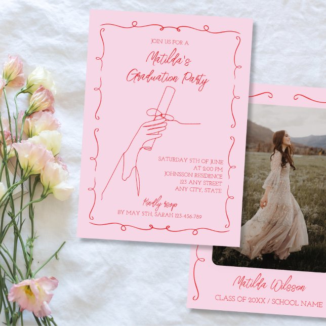 Convite Festa de formatura de Fotografias Rosa e Vermelha  (Hand Drawn Pink & Red Photo Graduation Party Invitation 2024)