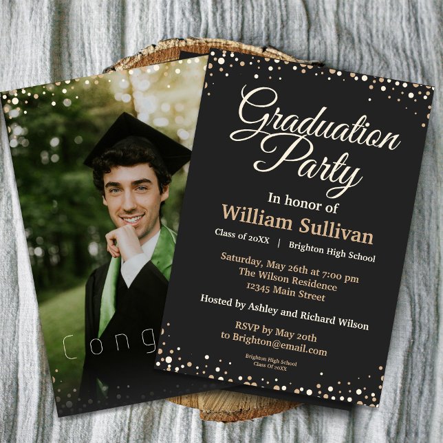 Convite Festa de formatura de Fotografias Simples de Scrip (Celebrate your graduation in style with this Gold Sparkles Graduation Party Invitation. #sparkles)