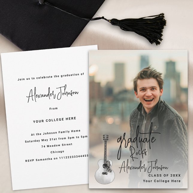 Convite Festa de formatura de Fotografias Verticais do For (Modern vertical photo Graduation announcement party invitation cool trendy script and guitar)