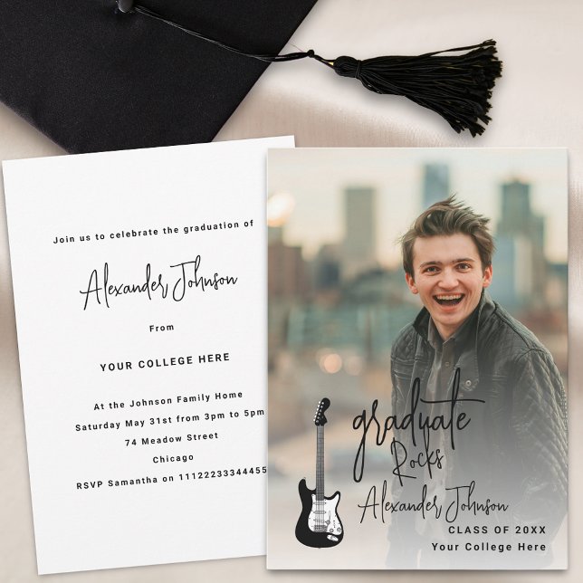 Convite Festa de formatura de Fotografias Verticais do For (Modern vertical photo rock guitar music trendy graduation party invitation)